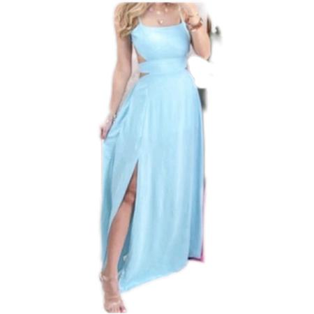Vestido longo viscolinho recorte dos lados amarração nas costa alça fina com bojo fenda lateral - Filó Modas Imagem de Vestido longo viscolinho recorte dos lados amarração nas costa alça fina com bojo fenda lateral