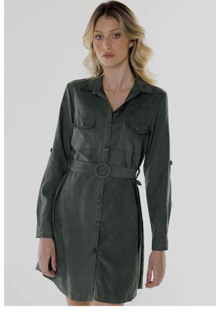 Vestido Manga Longa Chemise com Cinto Sob Verde Militar Vestido