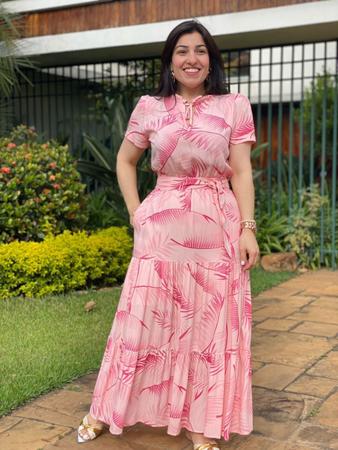 Vestido Maxi Midi Viscolinho Rosa Forro El stico Cintura