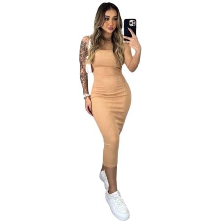 Vestido Midi Coladinho Tubinho Tecido Grosso Malha Canelada - Bella net Imagem de Vestido Midi Coladinho Tubinho Tecido Grosso Malha Canelada
