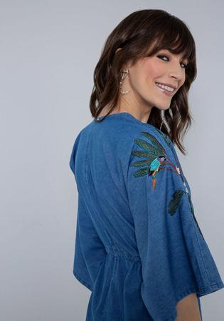 Vestido Midi Em Jeans Com Manga 3 4 E Bordado 3954L Lez A Lez