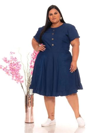 Imagem de Vestido Midi Jeans com barra Babado Botoes Fake Plus Size