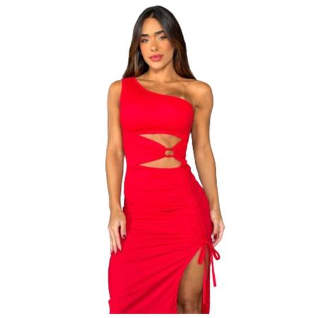 Imagem de Vestido Midi Sara Manga Única Aberturas Argola Saia Com Fenda