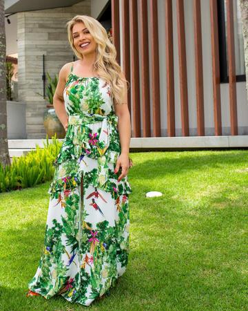 Vestido Miss Misses Longo com Estampa Tropical Verde Miss