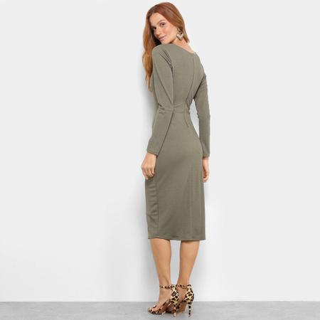 Vestido Morena Rosa Midi Tubinho Decote V Manga Longa Vestido