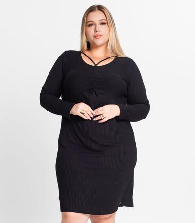 Vestido Plus Size Em Ribana Canelada Secret Glam Preto Imagem de Vestido Plus Size Em Ribana Canelada Secret Glam Preto
