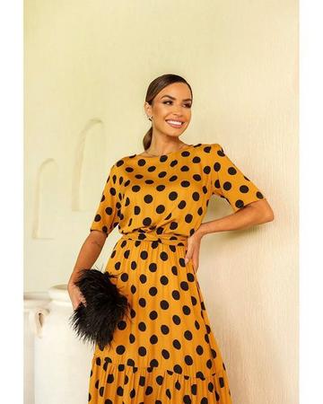 Vestido Po Bolinha Amarelo com Preto Duas Marias Moda Modesta