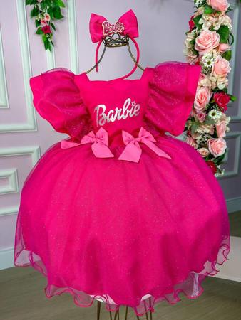 Vestido Barbie Girl Rosa Com Babado Menina Infantil