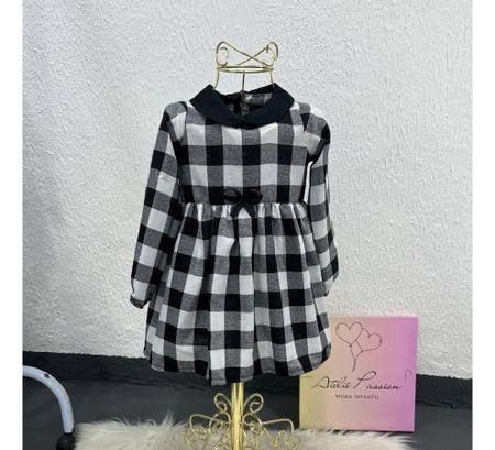 Imagem de Vestido Xadrez Infantil Flanelado Manga Longa Xadrez Preto e Branco