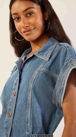 Vestido Zinco Curto Gola Lapela Bordado Jeans Vestido Feminino