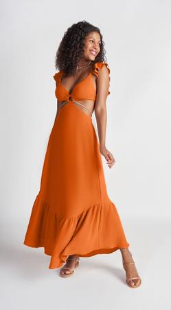 Vestido Zinco Longo Decote V Detalhe Corrente Laranja Imagem de Vestido Zinco Longo Decote V Detalhe Corrente Laranja