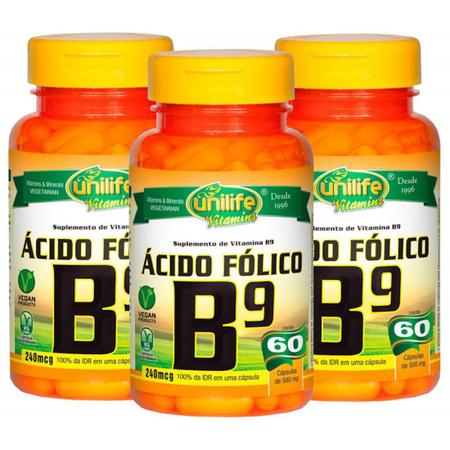 Imagem de Vitamina B9 Ácido Fólico 60 Cápsulas De 500Mg Kit Com 3