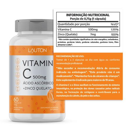 Vitamina C 500mg com Zinco Quelato Vegano Lauton - 60 caps Imagem de Vitamina C 500mg com Zinco Quelato Vegano Lauton - 60 caps