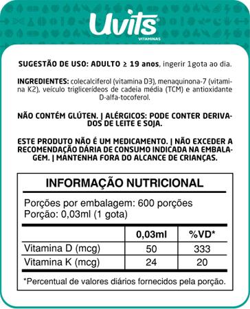 Imagem de Vitamina D3  2000 U.I  + Vitamina K2  24mcg  - 600 doses   - 20ml - Uvits