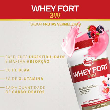 Imagem de Whey Fort 3W - Proteína Isolada, Concentrada e Hidrolisada - Sabor Frutas Vermelhas - 900g  Vitafor