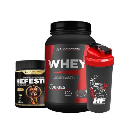 Whey Protein Cookies 900G + Pré Treino Limonada + Coq - HF Suplements Imagem de Whey Protein Cookies 900G + Pré Treino Limonada + Coq
