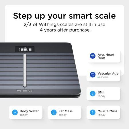 Imagem de Withings Body Cardio  Premium Wi-Fi Body Composition Smart Scale, Rastreia a Saúde do Coração, Idade Vascular, IMC, Gordura, Massa Muscular e Óssea, Água, Balança de Banheiro Digital com App Sync via Bluetooth ou Wi-Fi