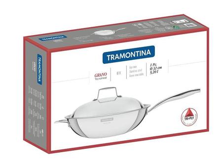 Imagem de Wok grano em aco inox corpo triplo com tampa e cabo 32 cm 5,2 l rev int anti aderente tramontina