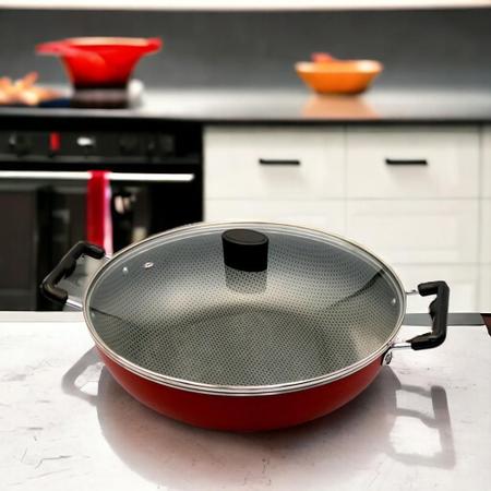 Imagem de Wok Top Grande 30Cm Antiaderente Tampa Vidro E Alça Vermelho