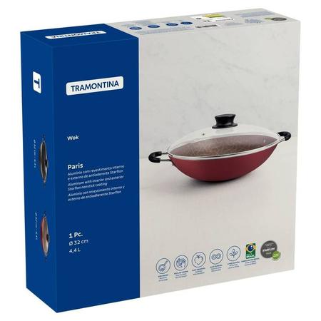 Imagem de Wok tramontina paris em alumínio com revestimento interno e externo em antiaderente starflon max vermelho com tampa de vidro 32 cm 4,4 l