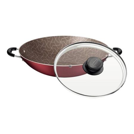 Imagem de Wok tramontina paris em alumínio com revestimento interno e externo em antiaderente starflon max vermelho com tampa de vidro 32 cm 4,4 l