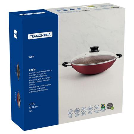 Imagem de Wok Tramontina Paris em Alumínio com Revestimento Interno e Externo em Antiaderente Starflon Max Vermelho com Tampa de Vidro 36 cm 6,0 L