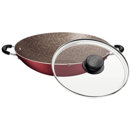 Imagem de Wok tramontina paris em alumínio com revestimento interno e externo em antiaderente starflon max vermelho com tampa de vidro 36 cm 6,0 l