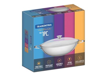 Imagem de Wok Tramontina Ventura em Aço Inox com Fundo Triplo Tampa de Vidro 34 cm 5,7 L