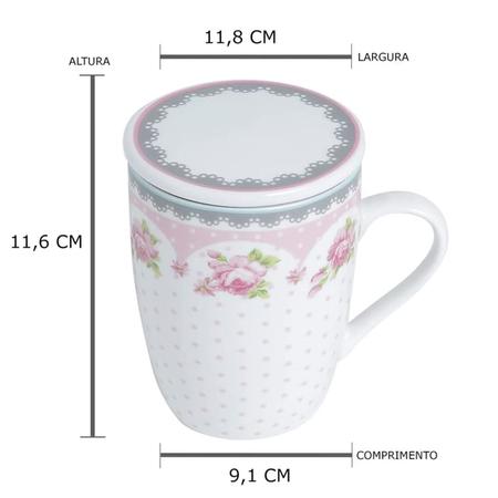 Jogo de Caneca Porcelana para Chá 310ml com Tampas e Infusor Inox