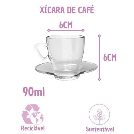 Imagem de Xícaras Café Moderna C/ Pires Vidro 90mL Transparente - 12un