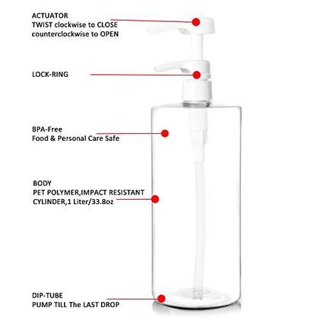 Imagem de Youngever 4 Pack Pump Bottles para Shampoo 32 Onças (1 Litro), Frascos de Bomba de Shampoo Vazios, Cilindro de Plástico com Bombas à Prova de Vazamento de Bloqueio (Bomba Branca)