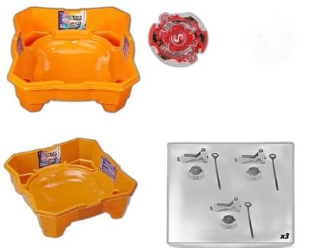 3 Beyblades Tornado + 3 Lançadores + 3 Grip + Arena Beyblade