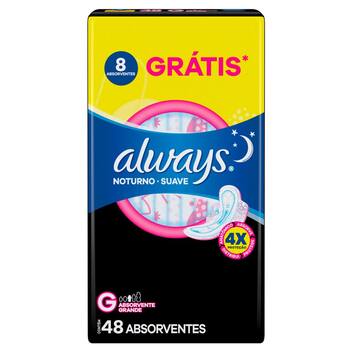 Absorvente Always Noturno Suave Tamanho G com Abas 48 Unidades ...