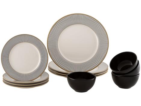 Aparelho de Jantar 12 Peças Alleanza Cerâmica Branco e Preto Redondo Ritz - Aparelho de Jantar - Magazine Promosam