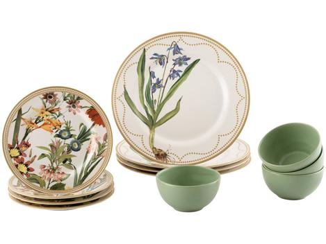 Aparelho de jantar de 12 peças Alleanza, com pratos de estampas florais de bulbo azul e mix colorido, e tigelas verde água.