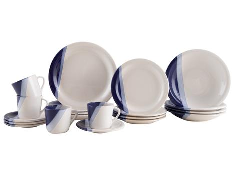 Conjunto completo de jantar e chá Brasilia com 20 peças em cerâmica branca e azul cobalto