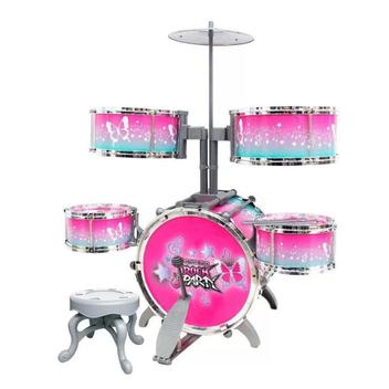 Bateria musical infantil rosa grande 12 peças estilo completa com pedal ...