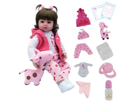 Boneca Reborn Bebê Laura C/ Acessórios Pijama Girafinha 47Cm