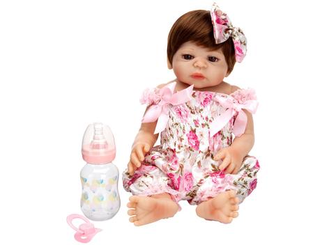 Boneca Reborn Laura Baby Mini Pink Flower com Acessórios - Rosa