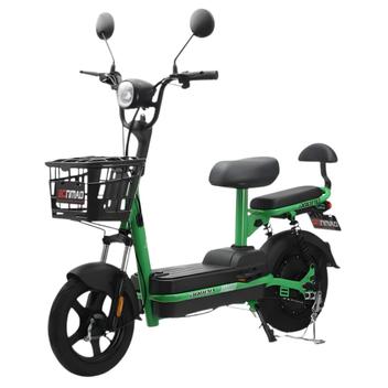 Bicicleta elétrica verde com aro 14 e detalhes em preto, vista lateral com guidão e assento duplo