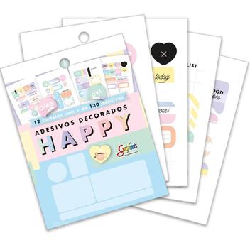 Bloco de Adesivos Decorados Happy 12 Folhas com 130 Adesivos Tilibra ...