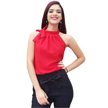 Blusinha Gola Alta com Laço no Pescoço em Crepe de Seda Vermelho Paixão ...