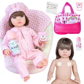Boneca Bebê Reborn Realista Silicone Vestido e Bolsa de Maternidade ...