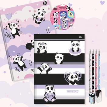 Caderno Brochura Capa Dura Grande Panda Ursinho 2un 80 fls + Kit