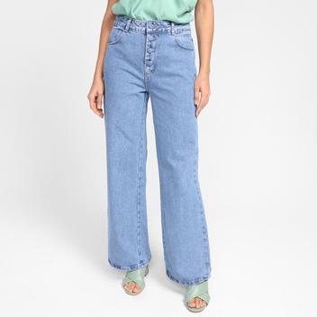 Calça Jeans Wide Leg Sawary Com Botões Forrado Feminina Calça