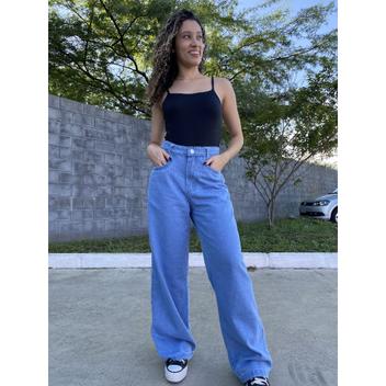 Calça Wide Leg jeans marmorizada Pantalona boca larga cintura alta ...