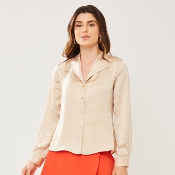 Camisa Cetim Manga Longa Bege Miss Joy 7288 Feminino - Camisa Feminina