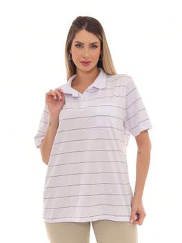 Camisa Polo Feminina Listrada Branca com Bolso - Pthirillo