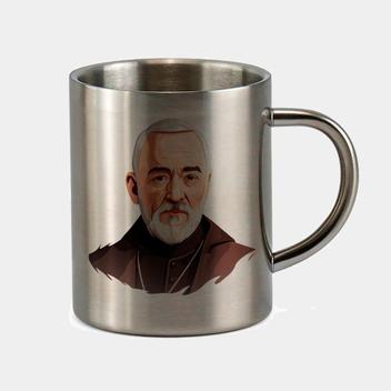 Caneca de Inox Premium Prateada 400ml Santo Padre Pio Igreja Catolica