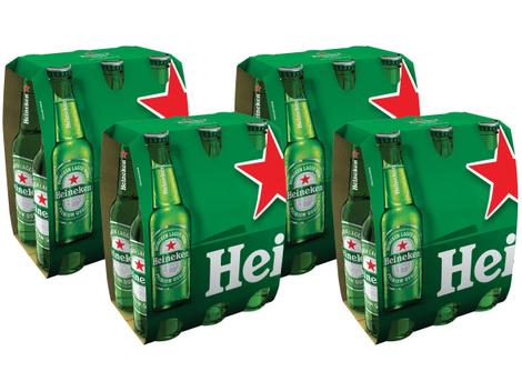 Quatro pacotes de cerveja Heineken Long Neck organizados em fundo branco